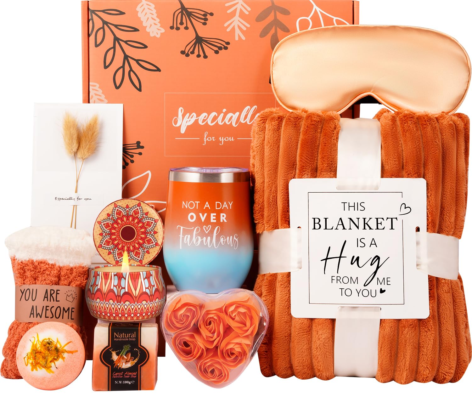 44b79161a6a20b24b7ea6f00001c7c72.png Valentines Day Gifts Basket for Her Wife,Orange Birthday Gifts for Mom Women Her Girlfriend Coworker W/Fall Cozy Socks&Blanket,Autumn Self Care Package Bath Set,Birthday,Valentines Gifts Box for Women - Image 1